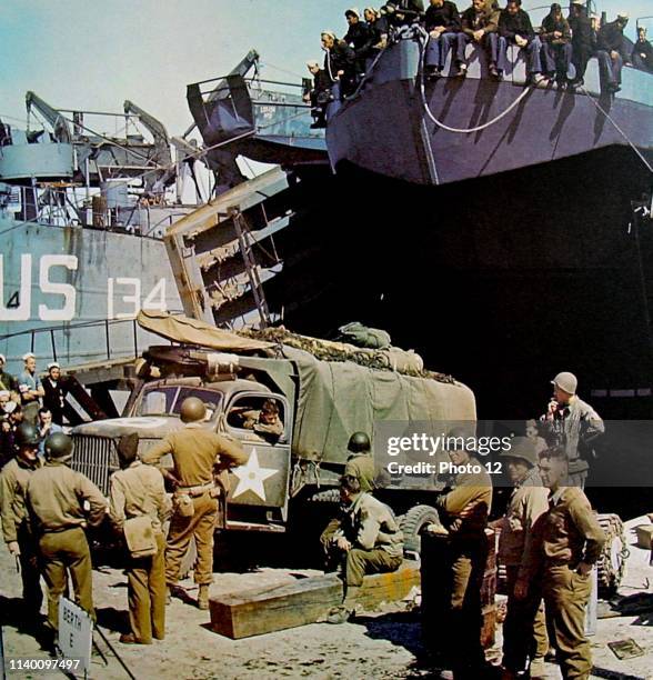 Navy Landing craft are loaded in England just before the D Day Normandy invasion 1944.