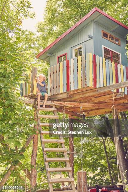 young boy painting tree house - baumhaus stock-fotos und bilder