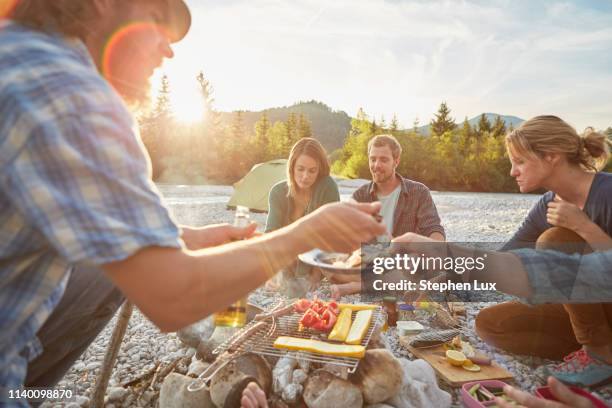 adults sitting around campfire serving food from barbecue - familie grillen stock-fotos und bilder