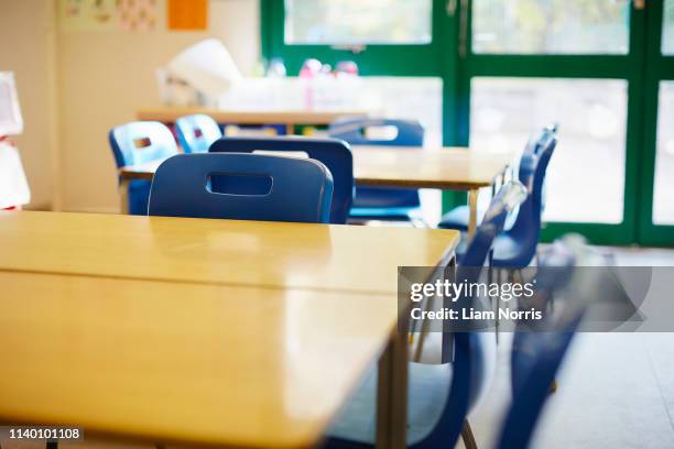 empty classroom in elementary school - empty desk chair stock pictures, royalty-free photos & images