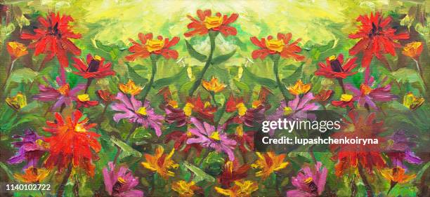 modische illustration moderne kunst arbeit mein ursprüngliches ölgemälde auf leinwand impressionismus sommer horizontale landschaft blumen zinnia anmutig auf einem bett von pflanzen unter anderen blütenknospen von blattstielen - elegans stock-grafiken, -clipart, -cartoons und -symbole