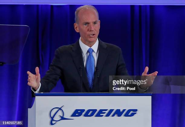 Boeing Chief Executive Dennis Muilenburg speaks during their annual shareholders meeting at the Field Museum on April 29, 2019 in Chicago, Illinois....