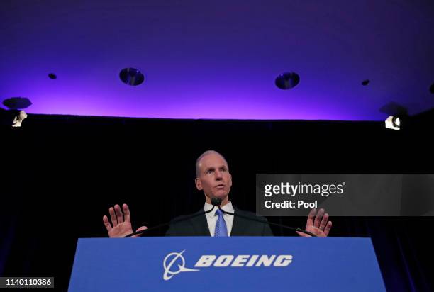 Boeing Chief Executive Dennis Muilenburg speaks during a press conference after the annual shareholders meeting at the Field Museum on April 29, 2019...