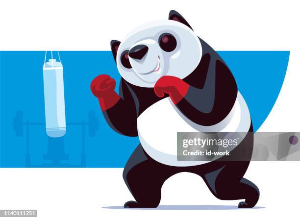 ilustrações de stock, clip art, desenhos animados e ícones de panda boxer with punching bag - saco-de-boxe