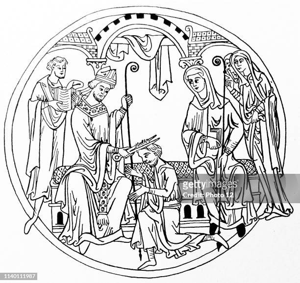 Roundel depicting a Novice receiving the tonsure. The shaving of the head was a mark of slavery in Roman times and was adapted by the early monks....