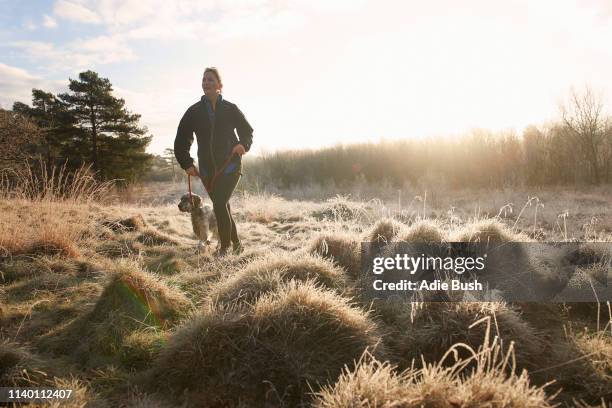 front view of mature woman walking dog on grassland looking away - sport im winter stock-fotos und bilder