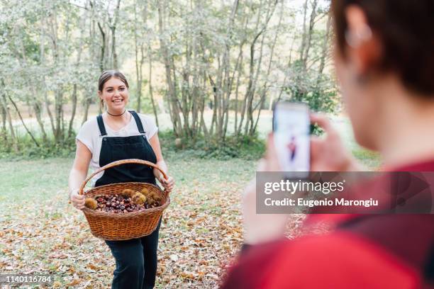 women taking photo of chestnut collecting, rezzago, lombardy, italy - camisa castanha imagens e fotografias de stock