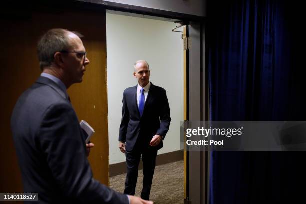 Boeing's Chairman, President and CEO Dennis Muilenburg arrives to a news conference after speaking at Boeing's Annual Meeting of Shareholders at the...
