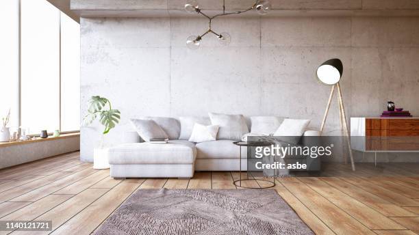 modernes wohnzimmer mit sofa - wohnzimmerlampe stock-fotos und bilder