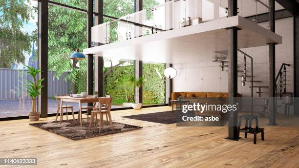 modern loft apartment with mezzanine - windows wide stock pictures, royalty-free photos & images