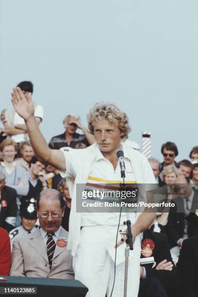 German golfer Bernhard Langer waves to the crowd after finishing in second place after the final round of the 1981 Open Championship at Royal St...