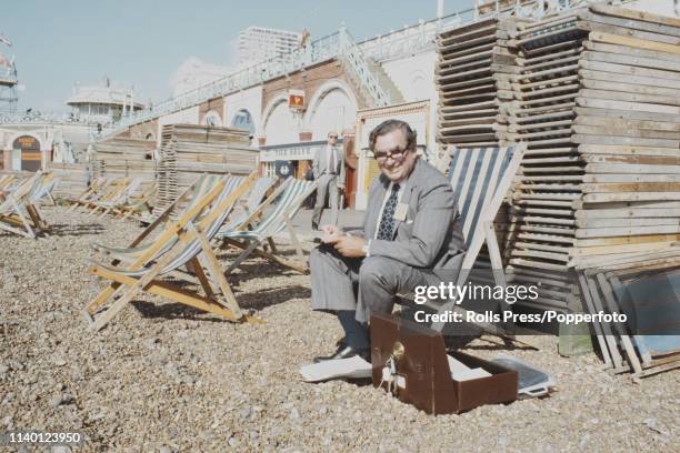 British Labour Party politician and deputy leader Denis Healey pictured checking the text of his upcoming speech to the Labour Party annual...