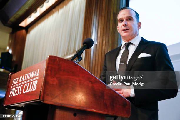 Brett McGurk, recipient of the 2019 James W. Foley American Hostage Freedom Award, speaks at the 2019 James W. Foley Legacy Foundation Awards at the...