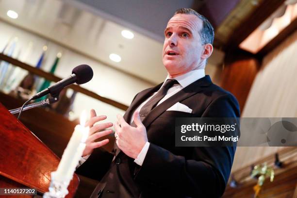 Brett McGurk, recipient of the 2019 James W. Foley American Hostage Freedom Award, speaks at the 2019 James W. Foley Legacy Foundation Awards at the...