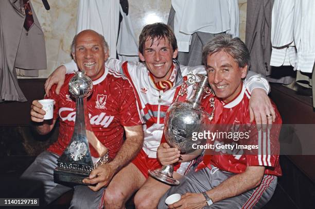 Liverpool Player/Manager Kenny Dalglish on his final appearance as a player, Ronnie Moran and Roy Evans celebrate the 1989/90 Division One...