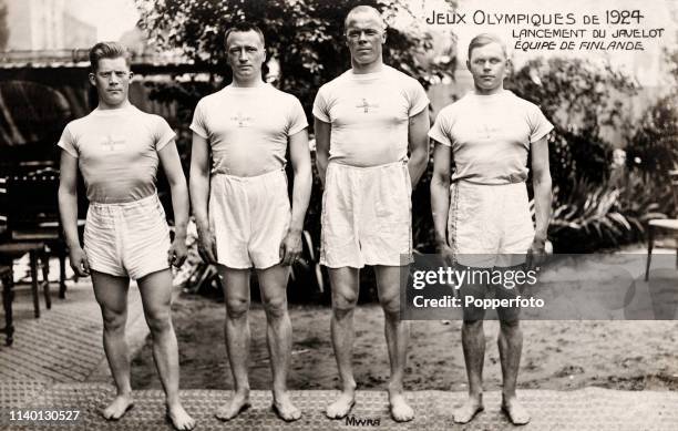 Finland team javelin throwers, including from left, Yrjo Ekqvist, Urho Peltonen, Jonni Myyra and Paavo Johansson, posed during competition in the...