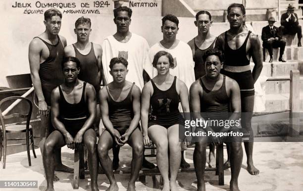 Hawaiian members of the United States swimming team posed at the side of the Piscine des Tourelles during competition in the swimming events at the...
