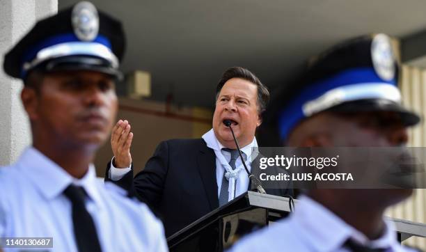 Panamanian President Juan Carlos Varela delivers a speech during a ceremony in which the Electoral Court takes command of the security forces ahead...