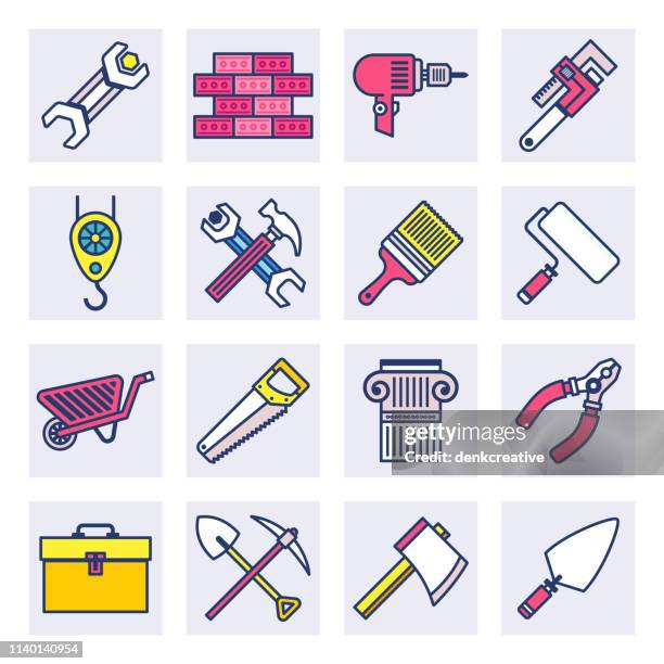 sustainable building renovation flat line style vector icon set - remodeling stock illustrations