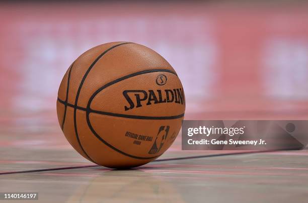 General view of the ball used in a NBA game between the Charlotte Hornets and the Utah Jazz at Vivint Smart Home Arena on April 01, 2019 in Salt Lake...