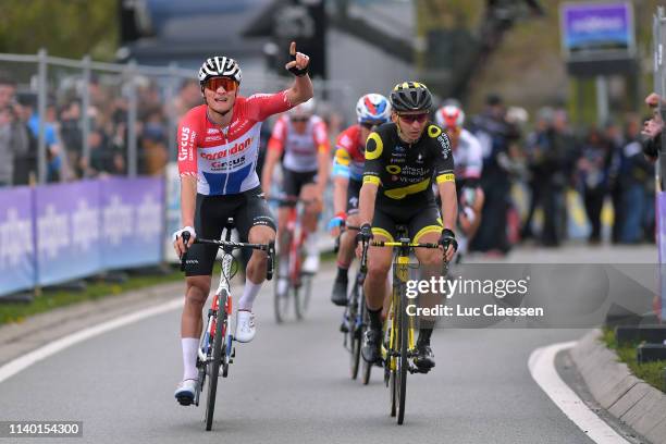Arrival / Mathieu van der Poel of The Netherlands and Team Corendon-Circus / Celebration / Anthony Turgis of France and Team Direct Energie / Bob...