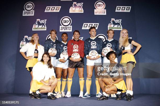 Players from left to right, Paul Merson, John Salako, Gary Mabbutt, Jason Cundy and Graham Le Saux pictured with models at a Sky/FA Premier League...