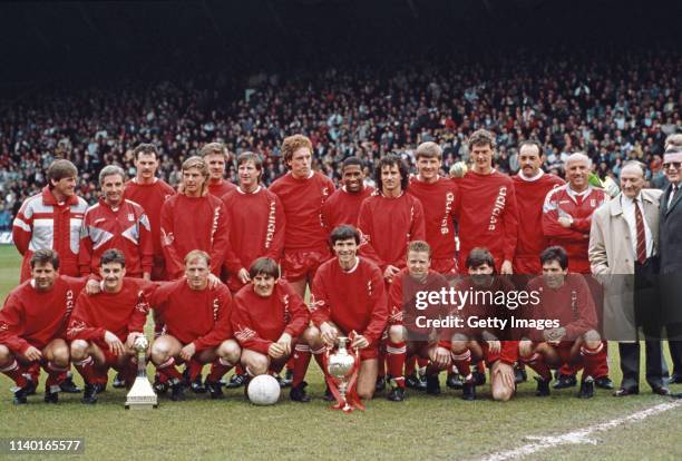 The Liverpool team are pictured after being crowned League Champions before the Barclays League Division One match against Southampton at Anfield in...