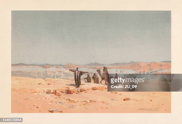 a mirage in the desert, chromolithograph, published in 1898 - mirage stock illustrations