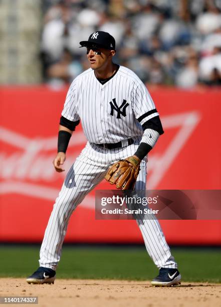 Troy Tulowitzki of the New York Yankees plays shortstop during the eighth inning of the game against the Baltimore Orioles at Yankee Stadium on March...