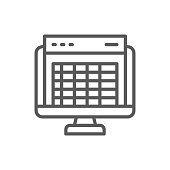 Spreadsheet, computer screen, financial accounting report line icon.