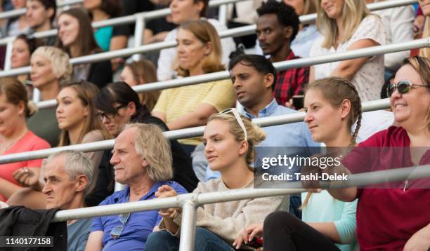 sport fans cheering on tribunes - tribune stock pictures, royalty-free photos & images