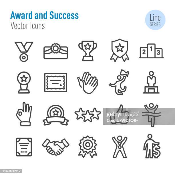 illustrazioni stock, clip art, cartoni animati e icone di tendenza di icone di premio e successo - vector line series - winners podium