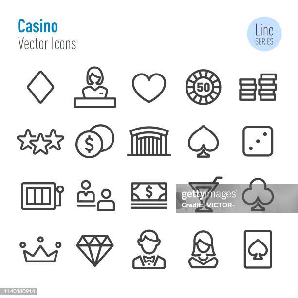 casino icons set - vector line series - slot machine on white stock illustrations