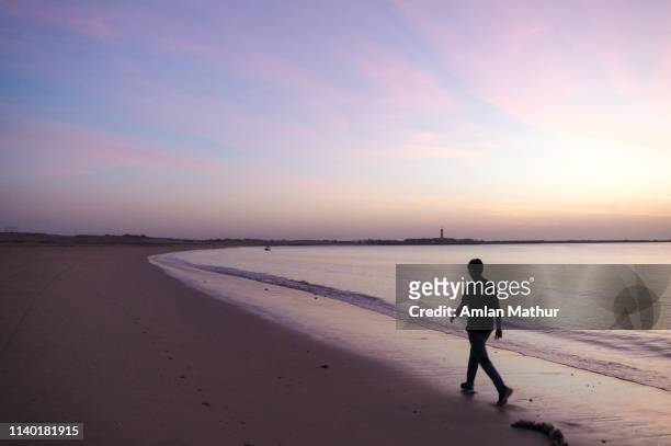 dusk shot at shivrajpur beach gujarat india with man walking along coast - gujarat stockfoto's en -beelden