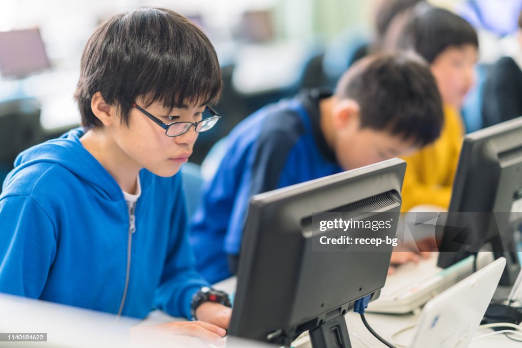 Computer Using Children's Images Group Of Elementary School Children Learning To Use Computer At School ...