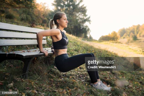 young woman during workout on a bench - krafttraining stock-fotos und bilder