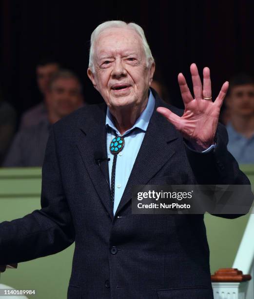 Former U.S. President Jimmy Carter speaks to the congregation at Maranatha Baptist Church before teaching Sunday school in his hometown of Plains,...