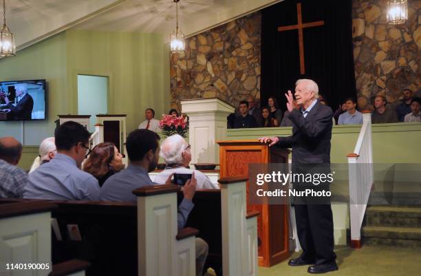 Former U.S. President Jimmy Carter speaks to the congregation at Maranatha Baptist Church before teaching Sunday school in his hometown of Plains,...