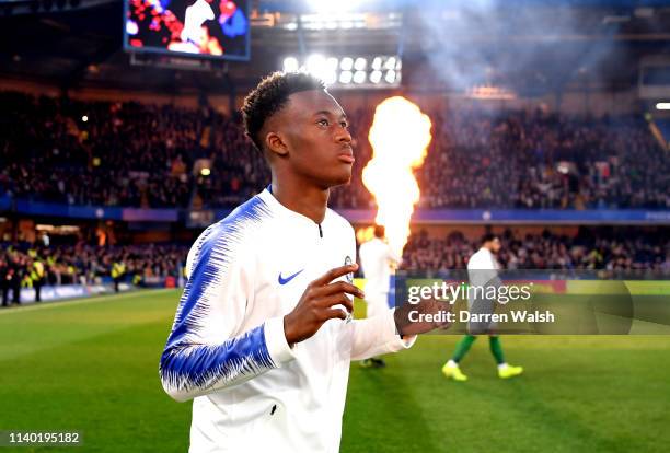 Callum Hudson-Odoi of Chelsea walks out prior to the Premier League match between Chelsea FC and Brighton & Hove Albion at Stamford Bridge on April...