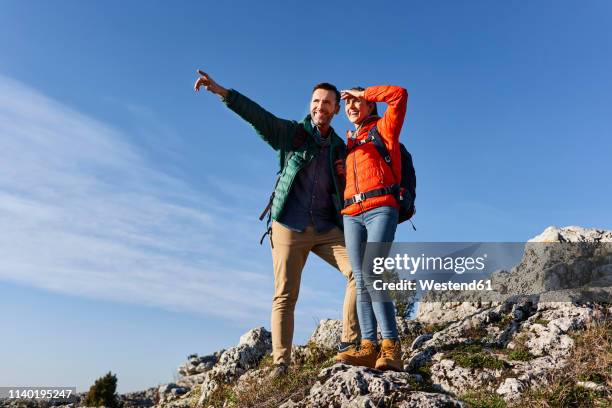 happy couple on a hiking trip in the mountains standing on rock enjoying the view - couple pointing imagens e fotografias de stock