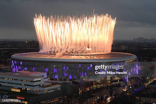 Fireworks explode above the new Tottenham Hotspur Stadium ahead of the Premier League match between Tottenham Hotspur and Crystal Palace at Tottenham...