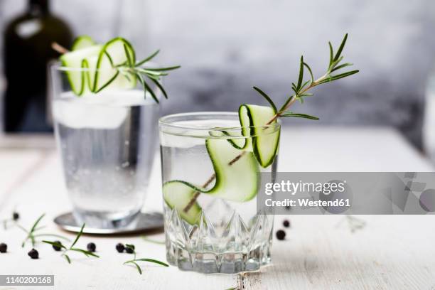 gin tonic with rosemary and cucumber - gin tonic stock-fotos und bilder