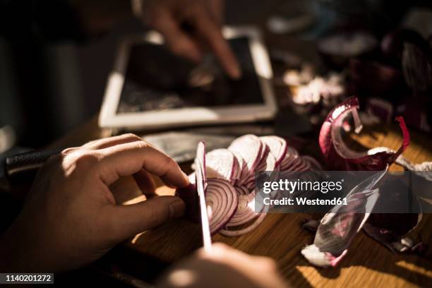 hands chopping onions - handy in der hand foto e immagini stock