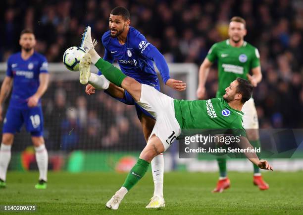 Ruben Loftus-Cheek of Chelsea battles for possession with Florin Andone of Brighton and Hove Albion during the Premier League match between Chelsea...