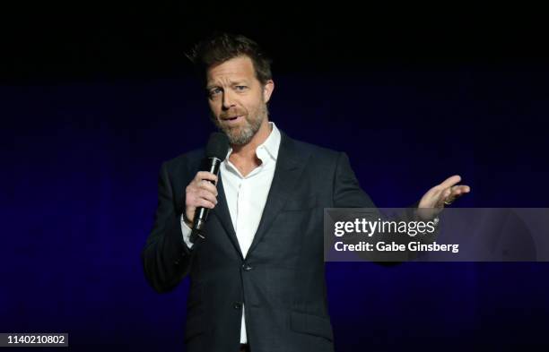 Director David Leitch speaks during Universal Pictures special presentation during CinemaCon at The Colosseum at Caesars Palace on April 03, 2019 in...