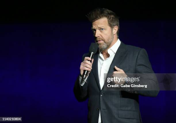 Director David Leitch speaks during Universal Pictures special presentation during CinemaCon at The Colosseum at Caesars Palace on April 03, 2019 in...