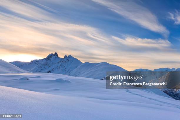 sunrise at muottas muragl, engadine valley, canton of grisons, switzerland, europe. - winter panoramic stock pictures, royalty-free photos & images