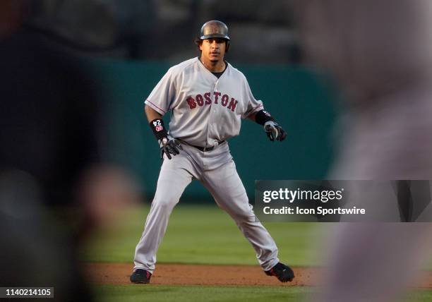 Boston Red Sox outfielder Manny Ramirez leads off second base during a game against the Anaheim Angels played on June 1, 2004 at Edison International...