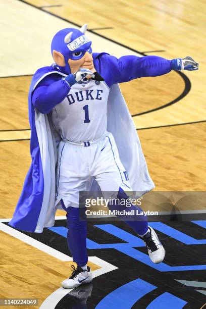 The Duke Blue Devils mascot on the floor during the East Regional game of the 2019 NCAA Men's Basketball Tournament against the Michigan State...