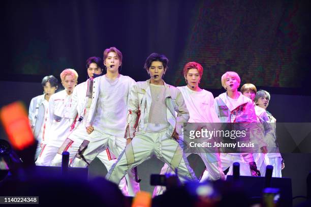Pop boy group NCT 127 perform during the World Tour Neo City The Origin at Watsco Center on April 27, 2019 in Coral Gables, Florida.